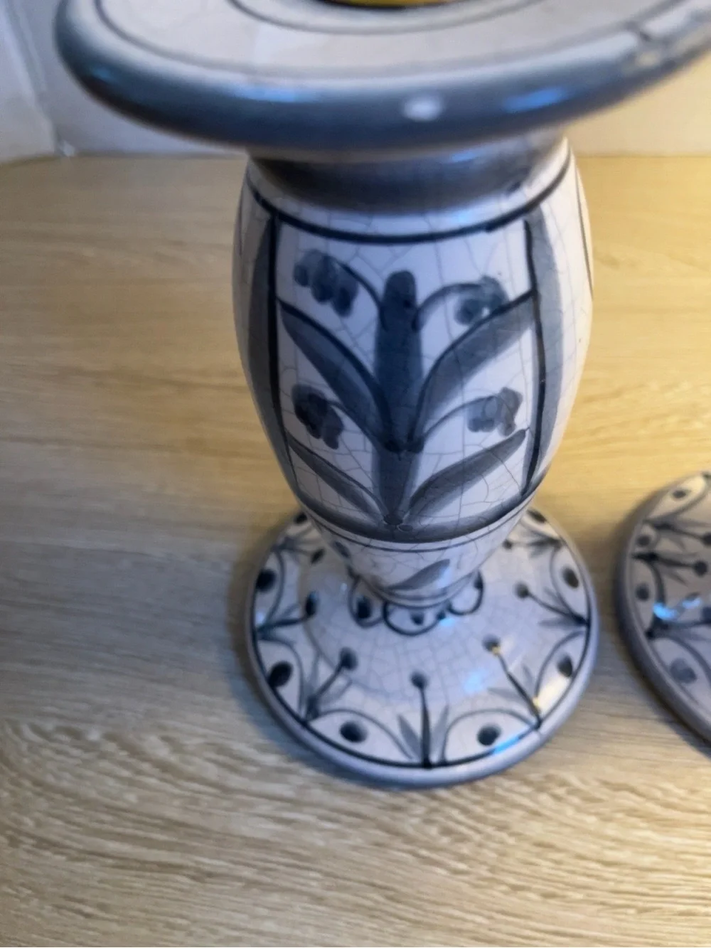 Blue White Crackle Glaze Ceramic Candlestick Holders Set 2 Folk Art 6.5” 4.5”
